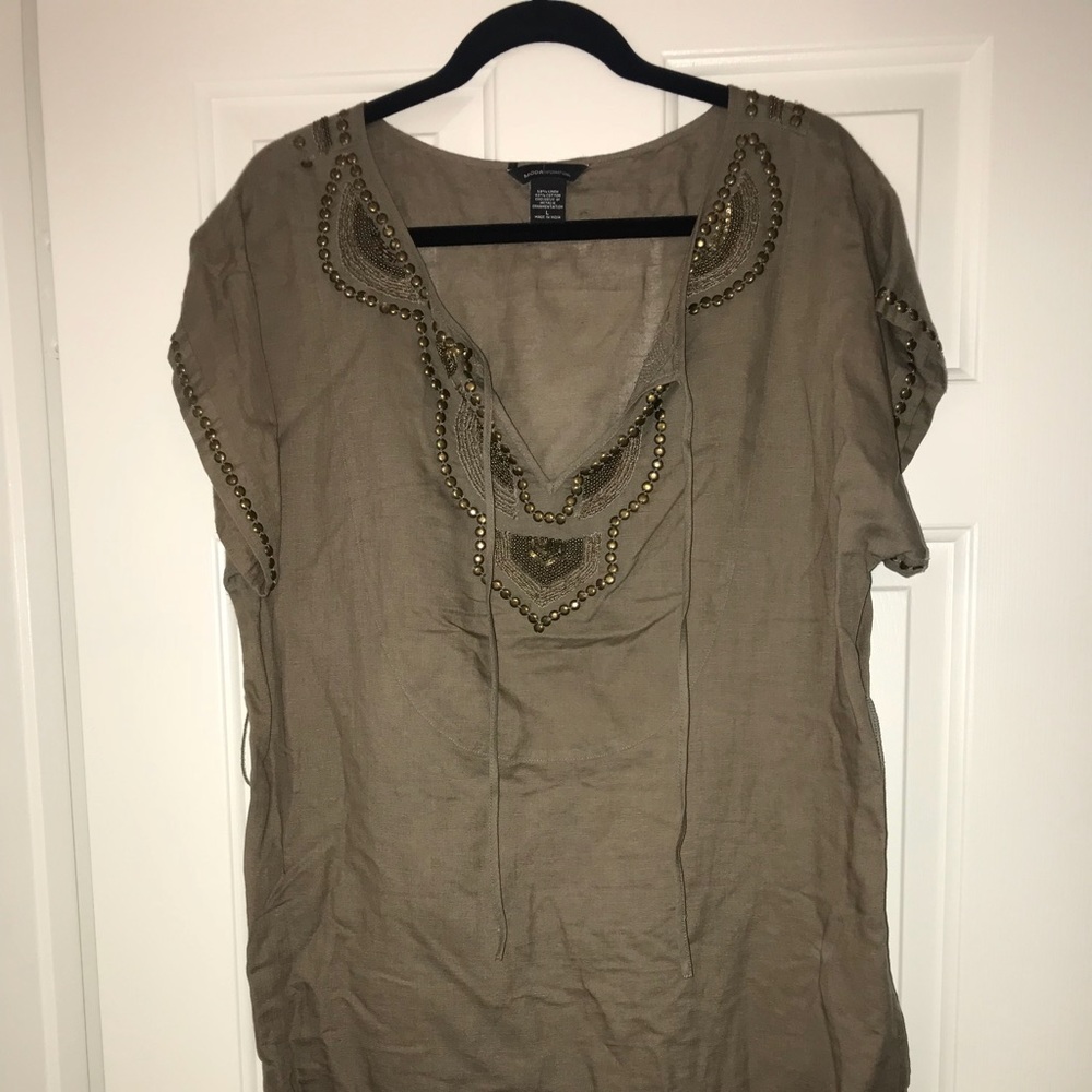 Army green dress with antique gold detailing